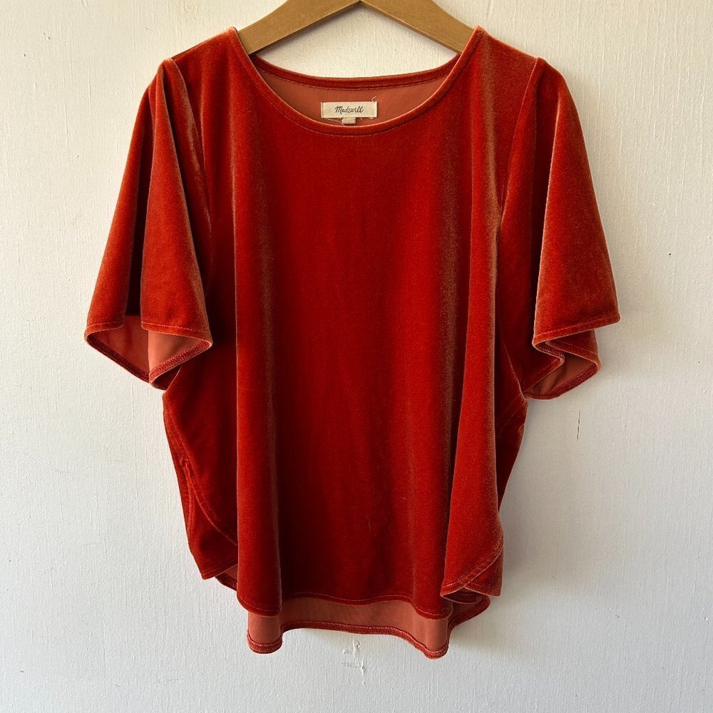 Madewell Velvet Blouse Womens XS Rust Flutter Sleeve Boxy Fit Cottage Fairy